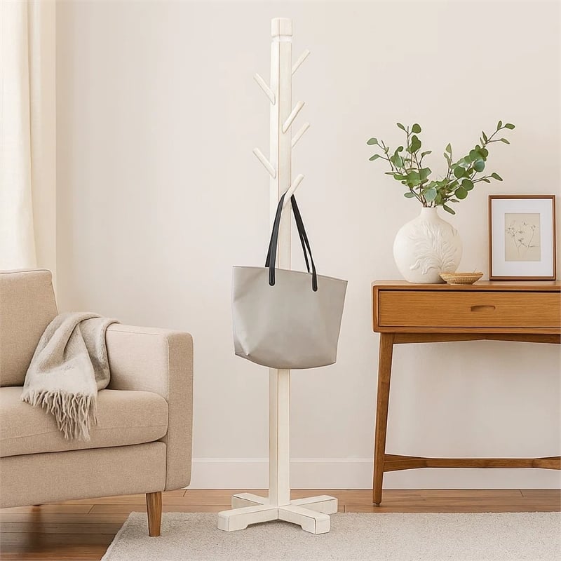 Rena Coat- Hat Rack Stand- 8 Wood Stems- 72 Inch Rustic White Mahogany