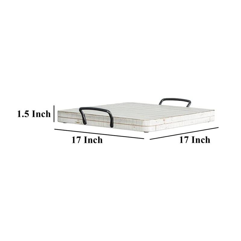 Rena Ottoman Tray-Metal Handles-17 Inch Distressed White Mahogany