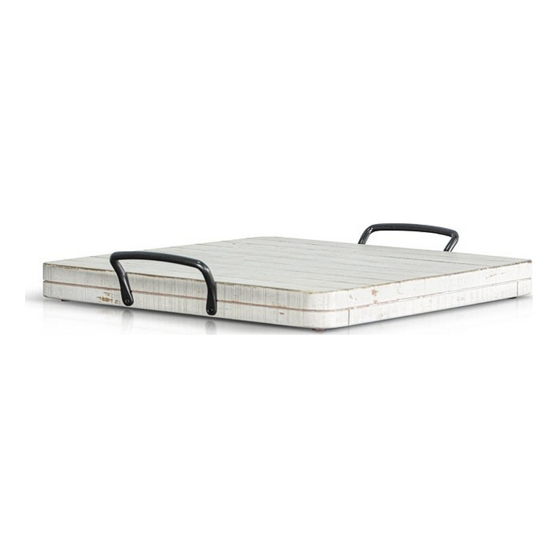 Rena Ottoman Tray-Metal Handles-17 Inch Distressed White Mahogany