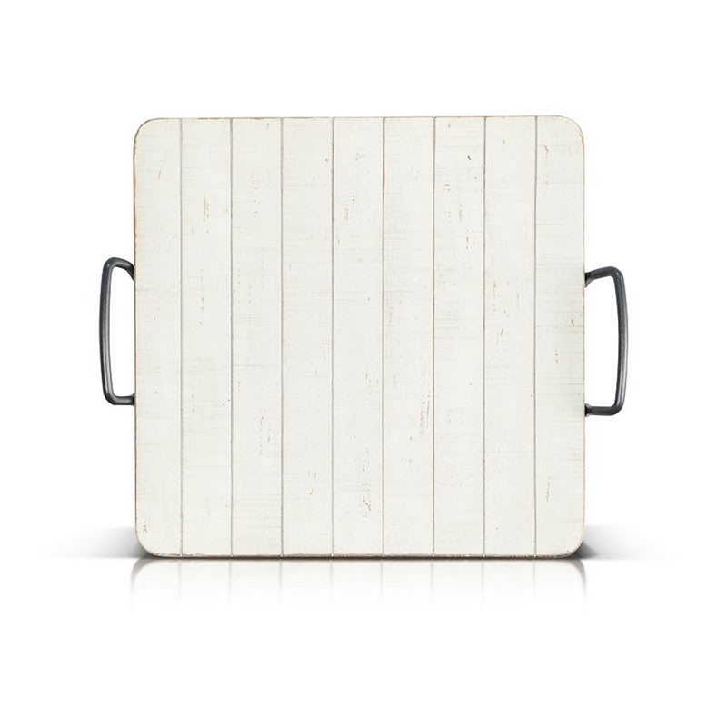 Rena Ottoman Tray-Metal Handles-17 Inch Distressed White Mahogany