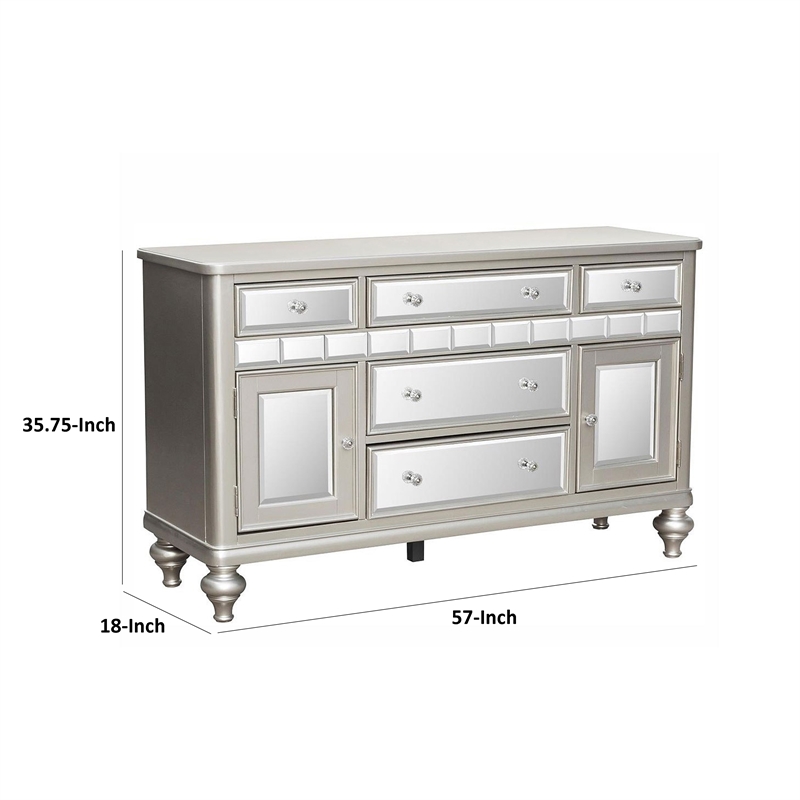 Jomo Sideboard Buffet Console- Mirror Front- 5 Drawers Silver- 57 Inch