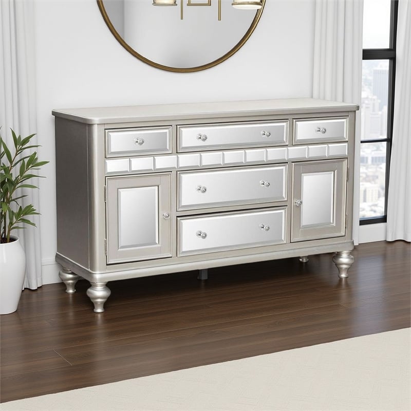 Jomo Sideboard Buffet Console- Mirror Front- 5 Drawers Silver- 57 Inch