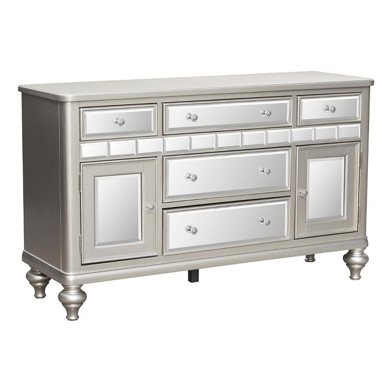 Jomo Sideboard Buffet Console- Mirror Front- 5 Drawers Silver- 57 Inch