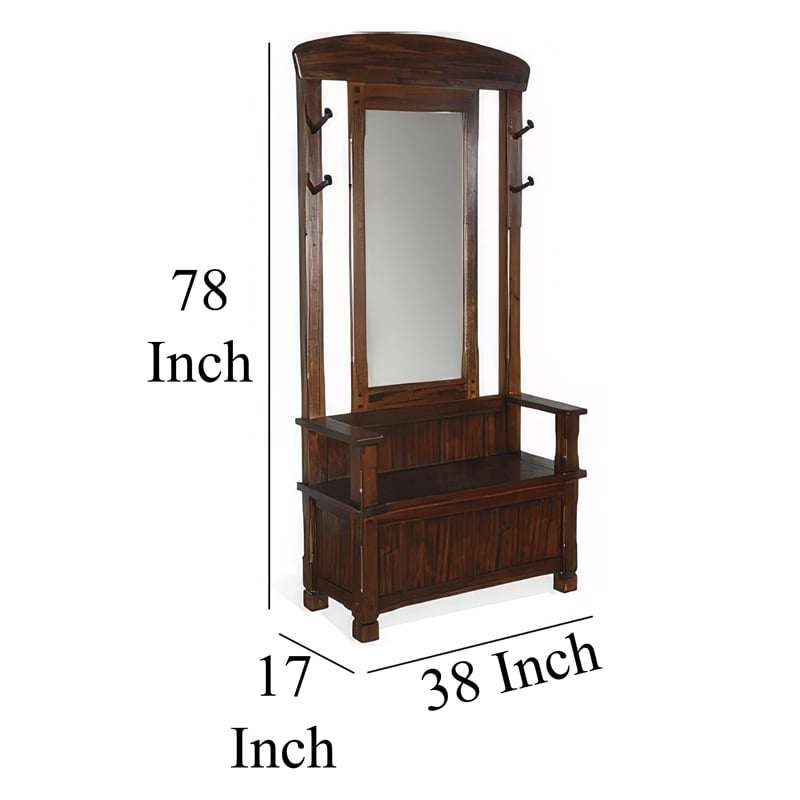 Odell Foyer Hall Tree Coat Hanger w Mirror- Storage Bench- Dark Brown