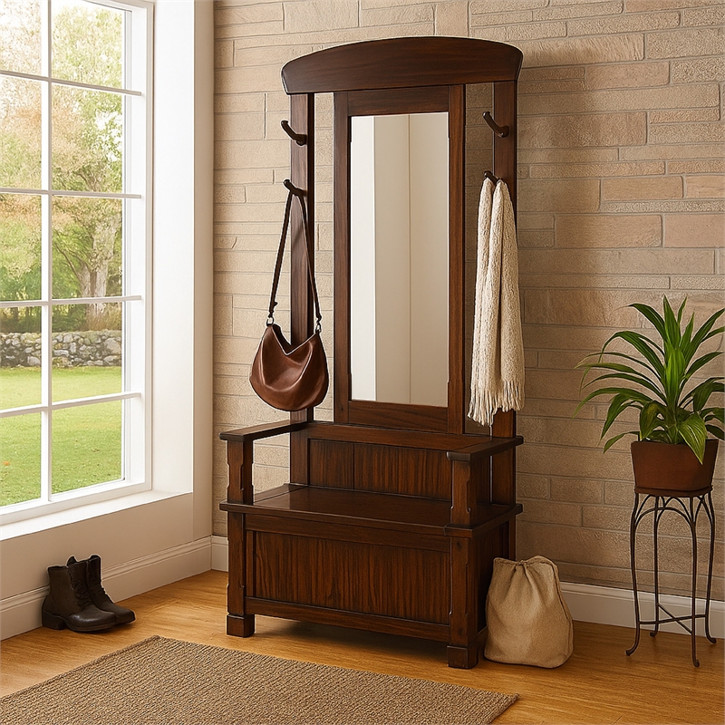 Odell Foyer Hall Tree Coat Hanger w Mirror- Storage Bench- Dark Brown