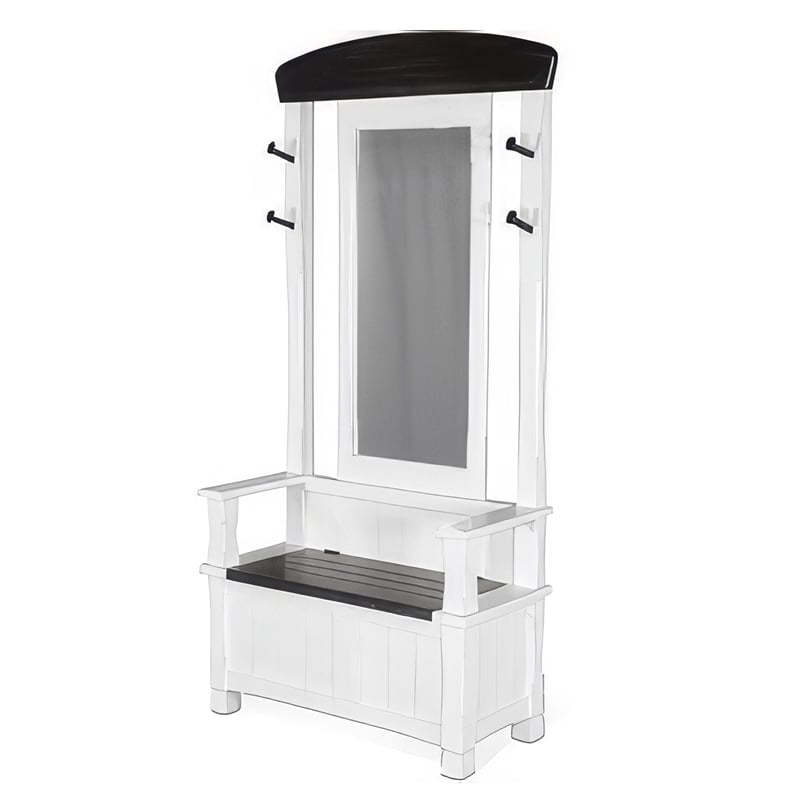 Orso Foyer Hall Tree Coat Hanger w Mirror- Storage Bench- White- Brown