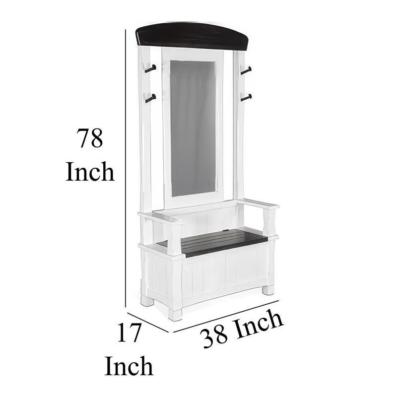 Orso Foyer Hall Tree Coat Hanger w Mirror- Storage Bench- White- Brown
