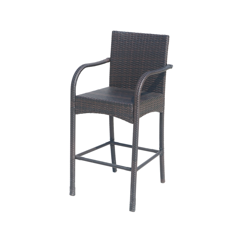 Outdoor Barstool Chair Set of 2- Gray Woven Faux Rattan- Iron Frame