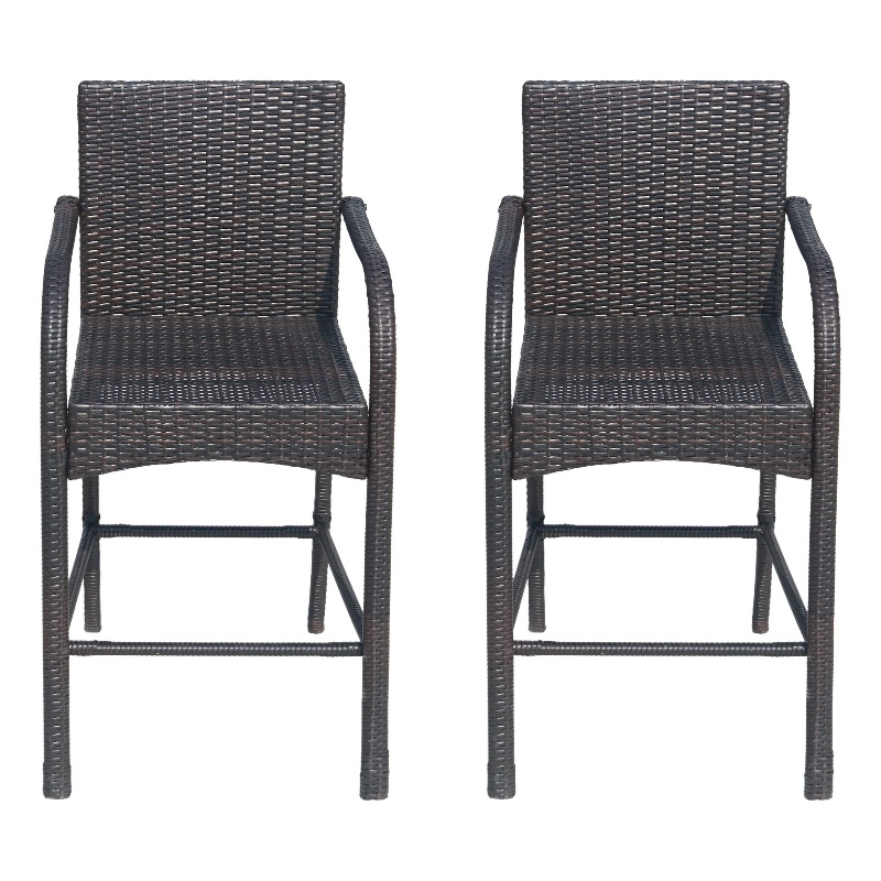 Outdoor Barstool Chair Set of 2- Gray Woven Faux Rattan- Iron Frame