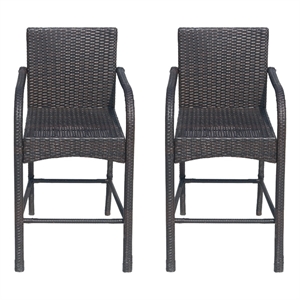 Outdoor Barstool Chair Set of 2- Gray Woven Faux Rattan- Iron Frame