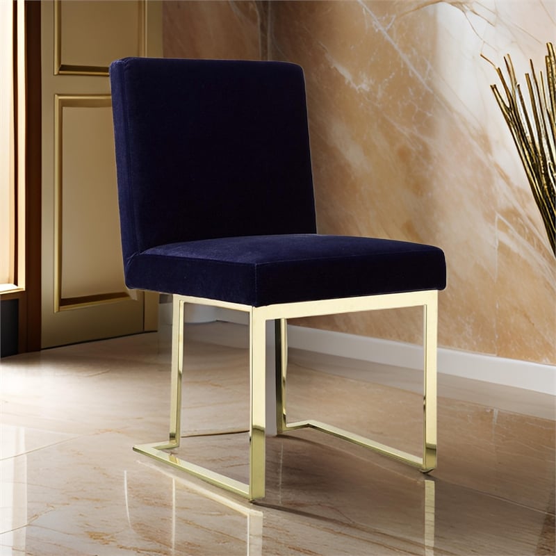 Boly 24 Inch Side Dining Chair Set of 2- Navy Blue Velvet- Gold Cantilever