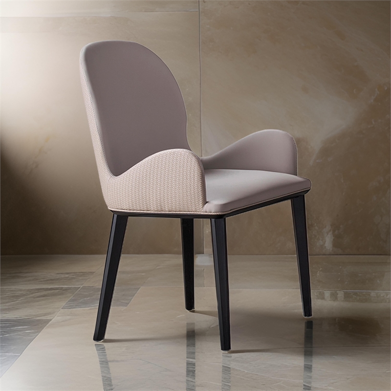 Gry 23 Inch Dining Chair Set of 2- Curved Padded- Beige Faux Leather- Black