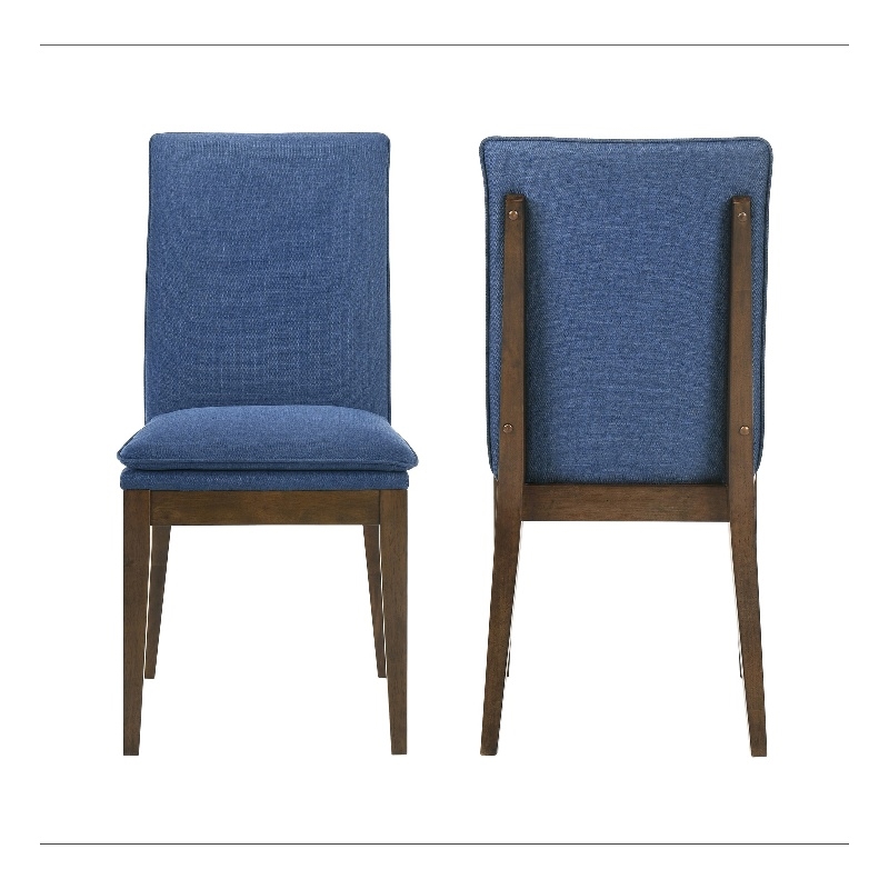 Nick 25 Inch Dining Chair Set of 2- Cushioned- Walnut Brown Legs- Blue