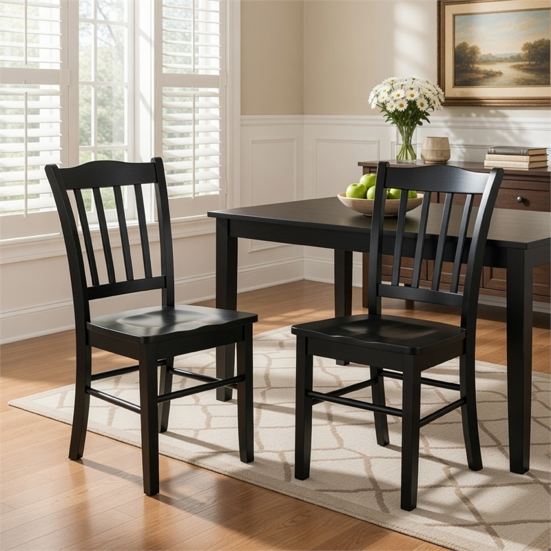18 Inch Dining Side Chair Set of 2- Slatted Backrests- Jet Black Wood