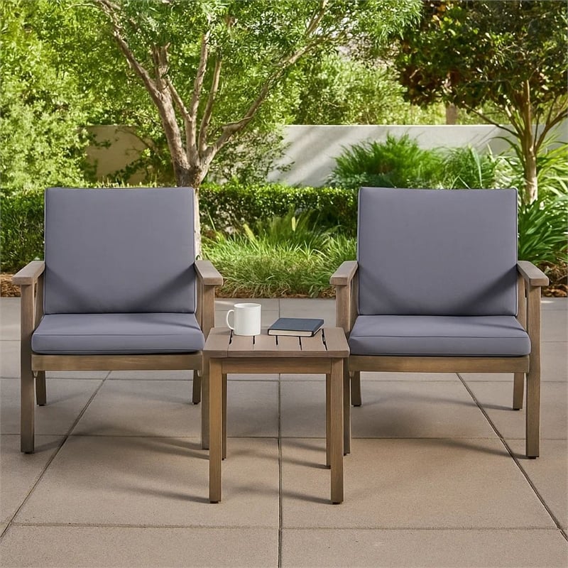 Elin Outdoor Club Chair Set of 2- Acacia Wood Frame- Gray Cushions