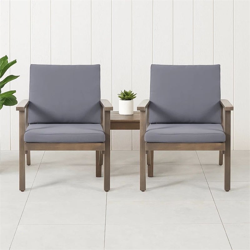 Elin Outdoor Club Chair Set of 2- Acacia Wood Frame- Gray Cushions