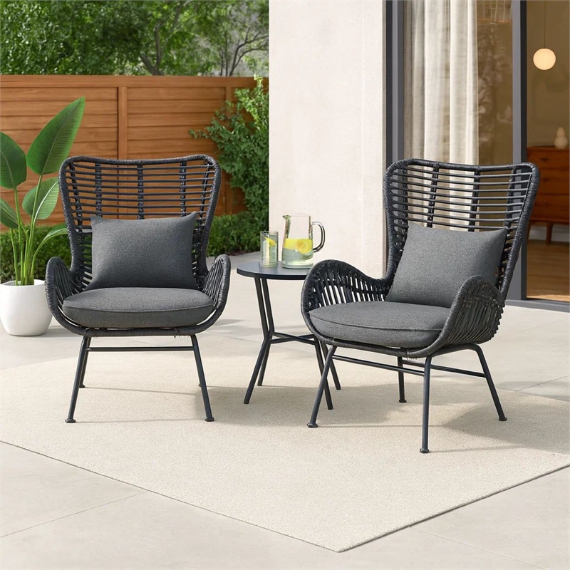 Slay Outdoor Accent Chair Set of 2- 25 Inch- Gray Woven Rattan- Iron Legs