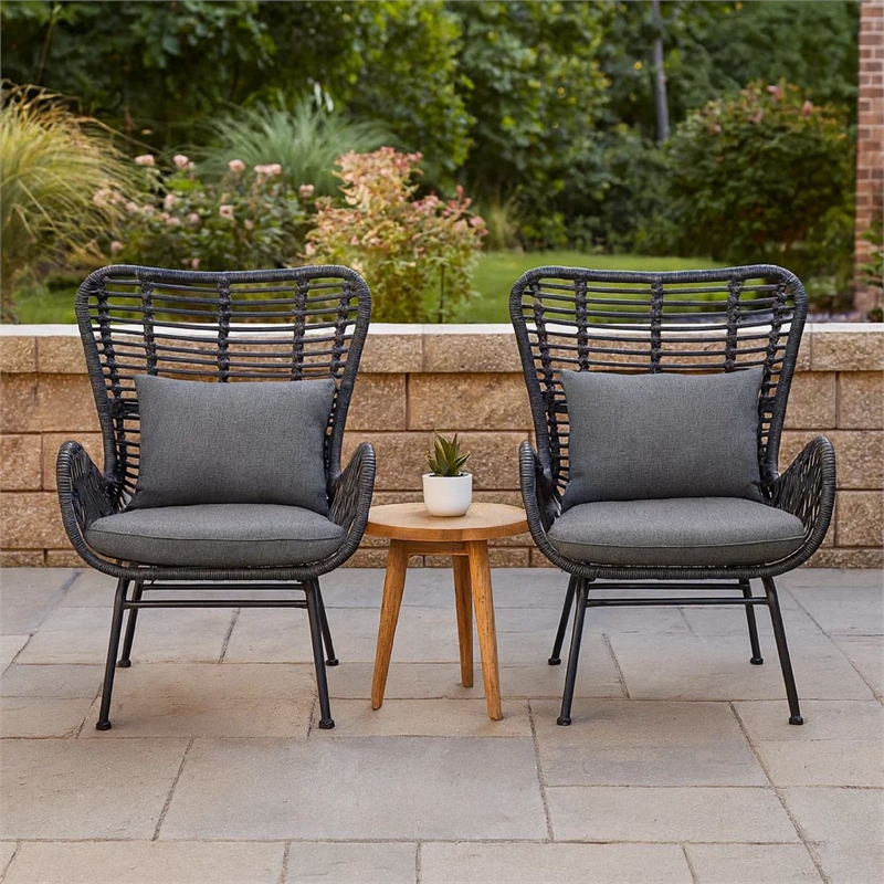 Slay Outdoor Accent Chair Set of 2- 25 Inch- Gray Woven Rattan- Iron Legs