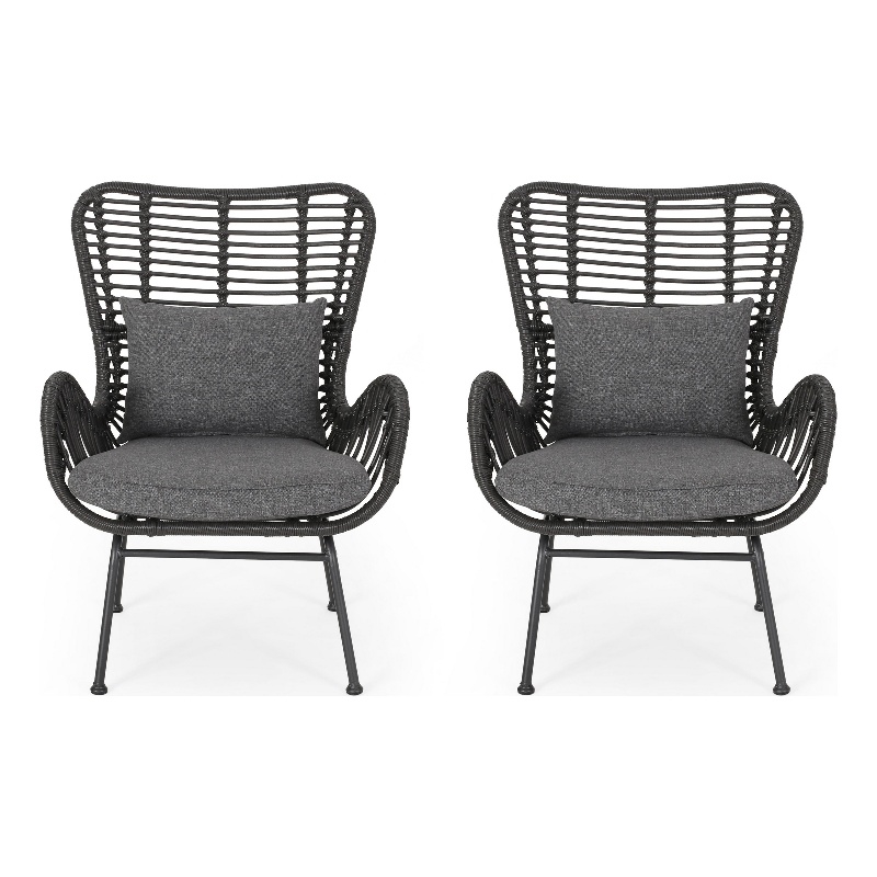 Slay Outdoor Accent Chair Set of 2- 25 Inch- Gray Woven Rattan- Iron Legs