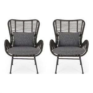Slay Outdoor Accent Chair Set of 2- 25 Inch- Gray Woven Rattan- Iron Legs