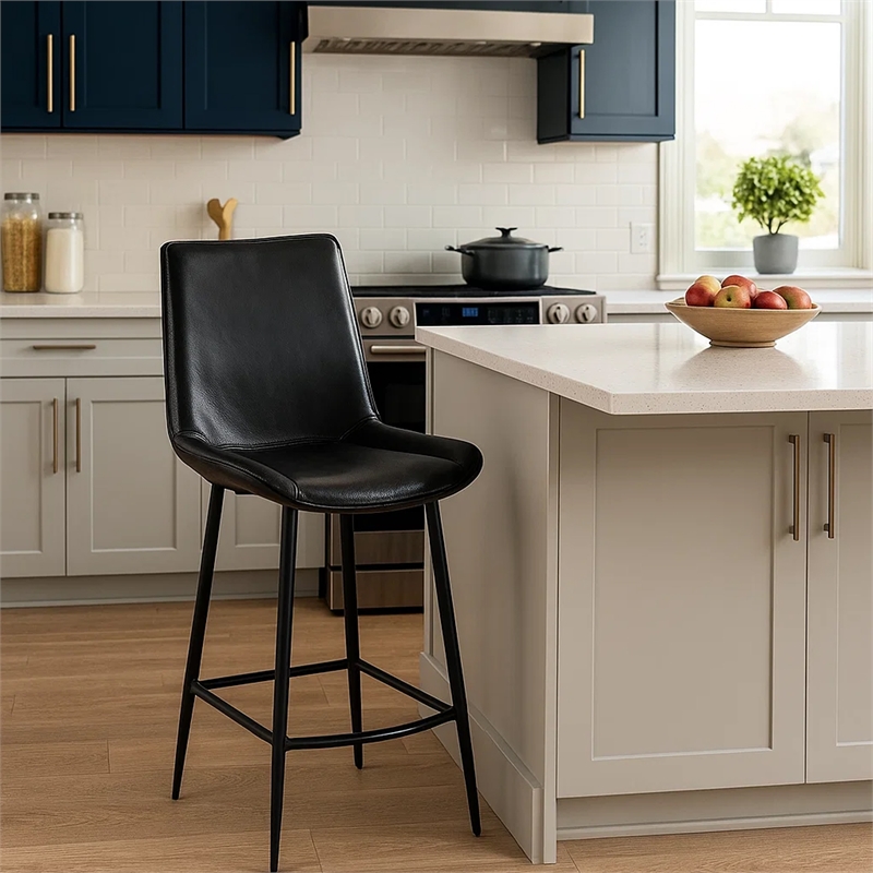 Isha Counter Stool Chair Set of 2- Gray Goat Leather- Black Iron