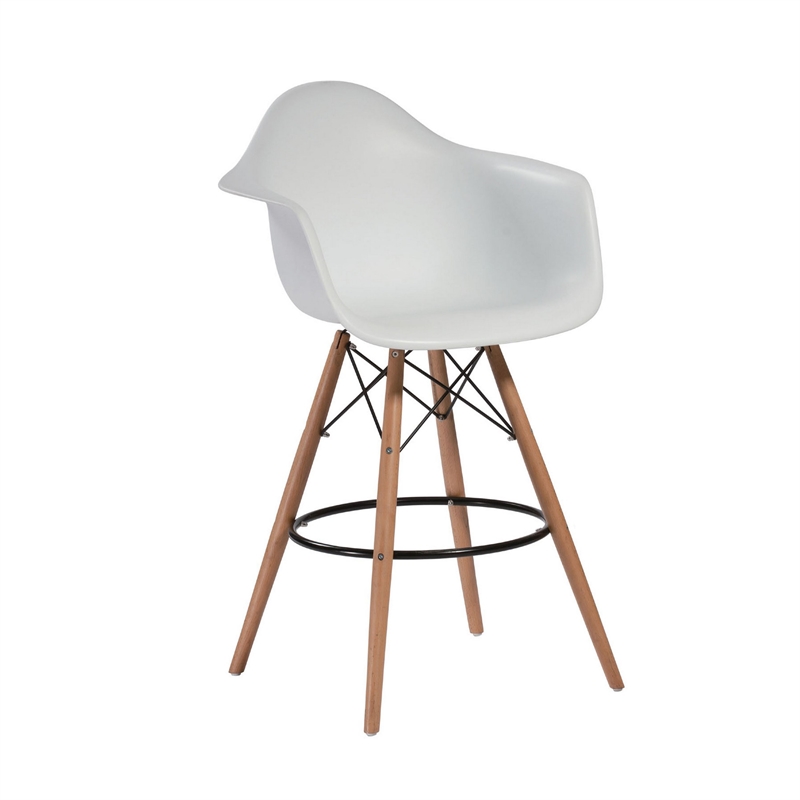 Ben 30 Inch Barstool Chair Set of 2- White Curved Seat- Brown Wood Legs