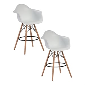 Ben 30 Inch Barstool Chair Set of 2- White Curved Seat- Brown Wood Legs