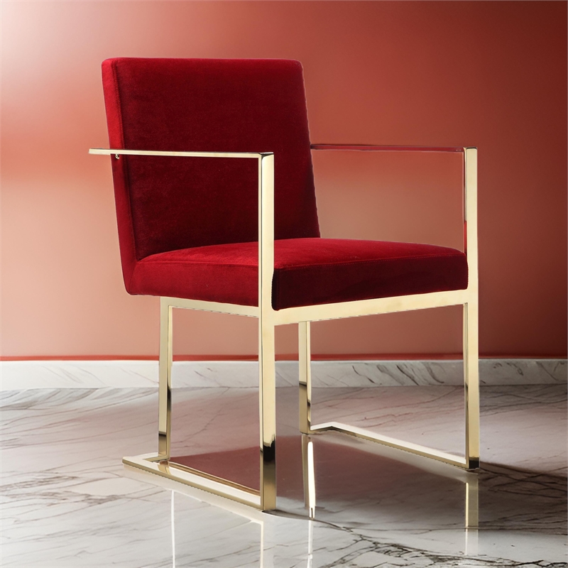 Boly 22 Inch Dining Side Chair Armchair- Maroon Velvet- Gold Steel Frame