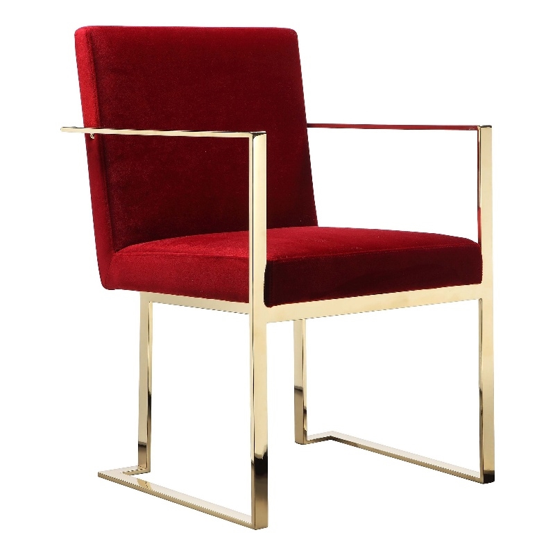 Boly 22 Inch Dining Side Chair Armchair- Maroon Velvet- Gold Steel Frame