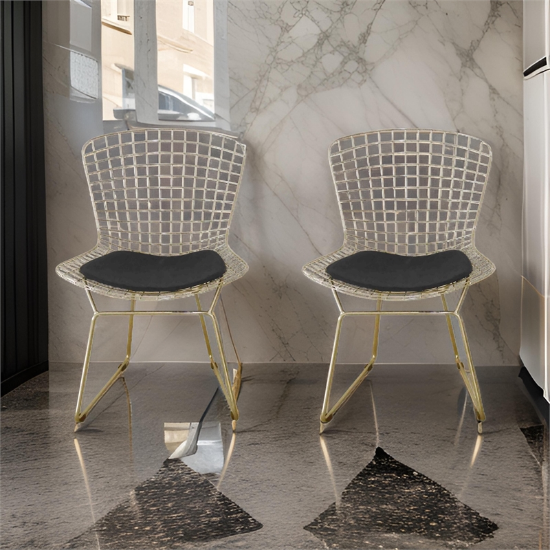Hely 23 Inch Dining Chair Set of 2- 4 Cushions- Metal Cage Frame- Gold