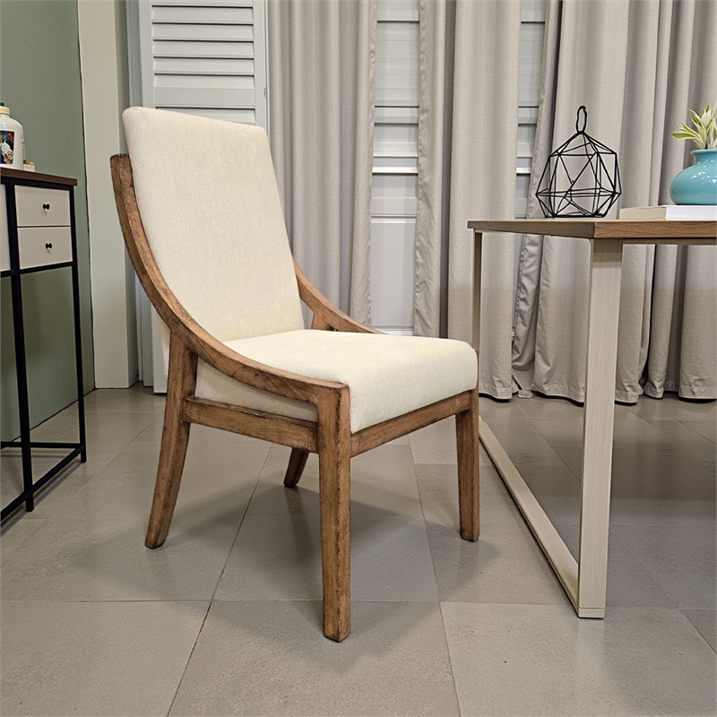 Ale Dining Side Chair Set of 2- Ivory Fabric- Natural Brown Pine Wood