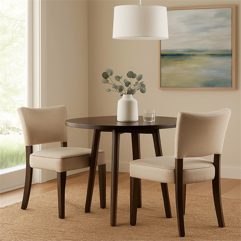 Rea Dining Side Chair Set of 2- Beige Fabric- Oak Brown Solid Wood