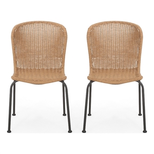 Outdoor Patio Chair Set of 2- Rattan Light Brown Wicker Weave- Scrolled