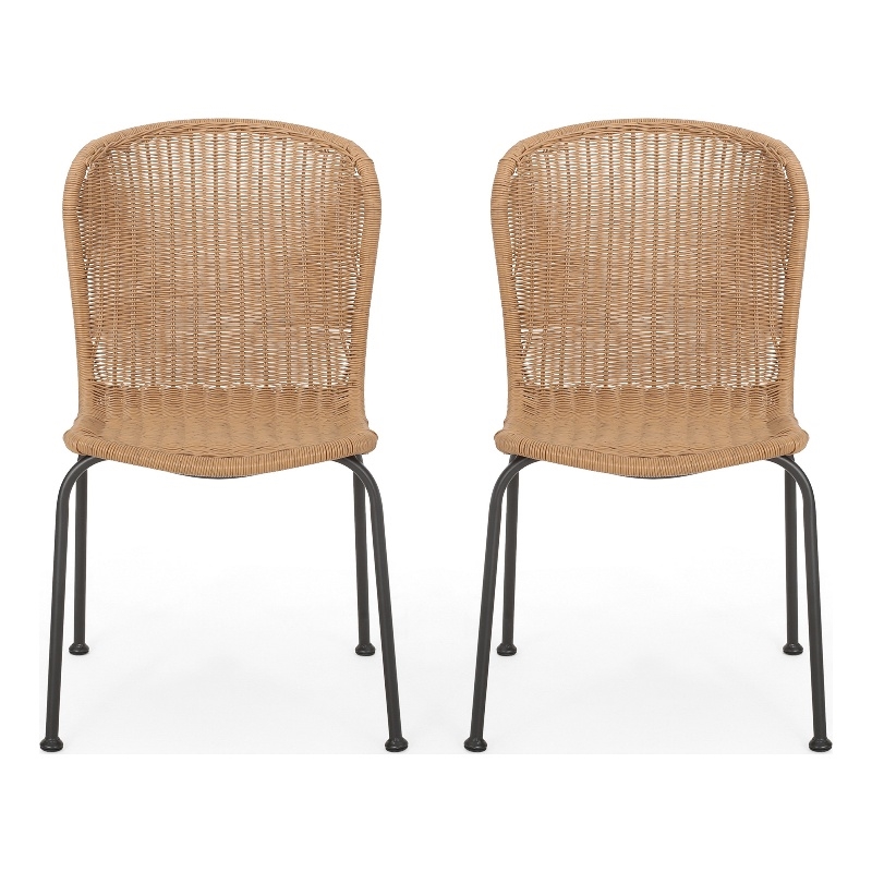 Outdoor Patio Chair Set of 2- Rattan Light Brown Wicker Weave- Scrolled