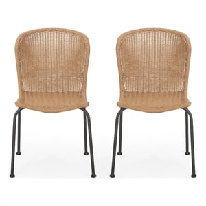 Outdoor Patio Chair Set of 2- Rattan Light Brown Wicker Weave- Scrolled