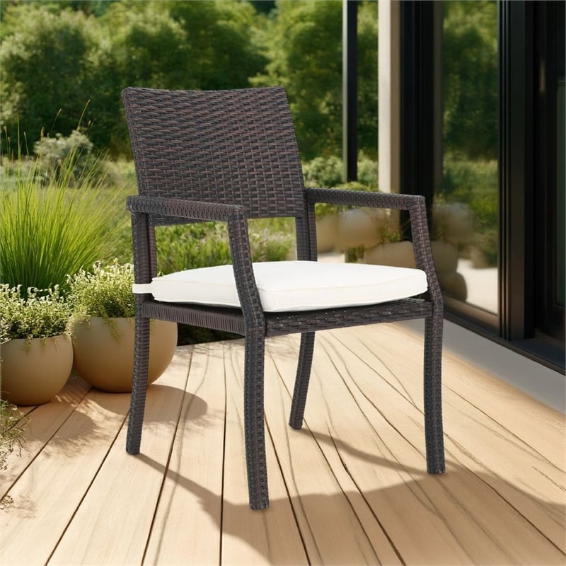 Roeh Outdoor Dining Chair Set of 2- Contemporary Wicker and Brown Fabric