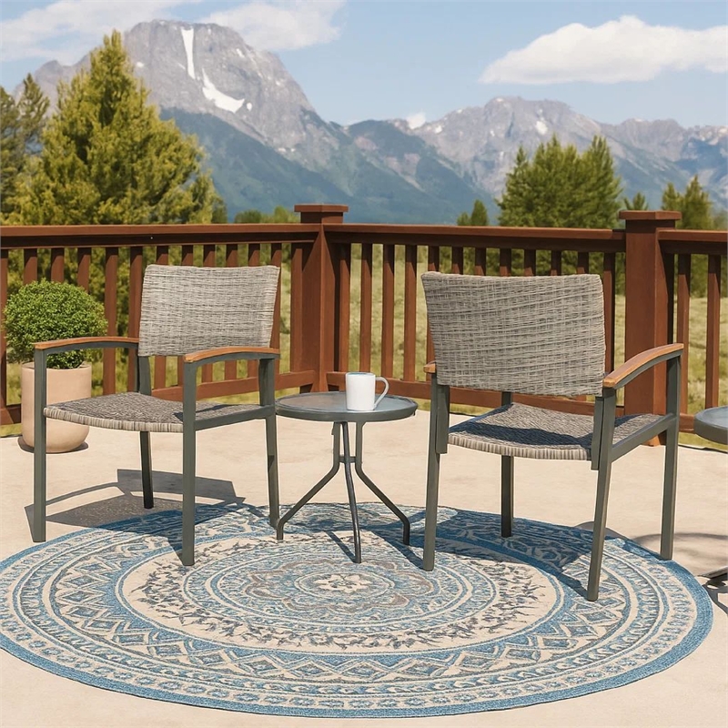 Outdoor Dining Chair Set of 2- Mesh Seat- Gray Rattan and Brown Faux Wood