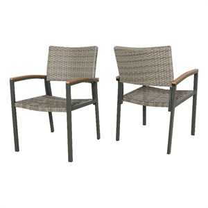 Outdoor Dining Chair Set of 2- Mesh Seat- Gray Rattan and Brown Faux Wood