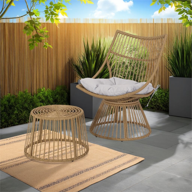 Laine 2 Piece Side Table and Chair Set- Light Brown Outdoor Faux Rattan
