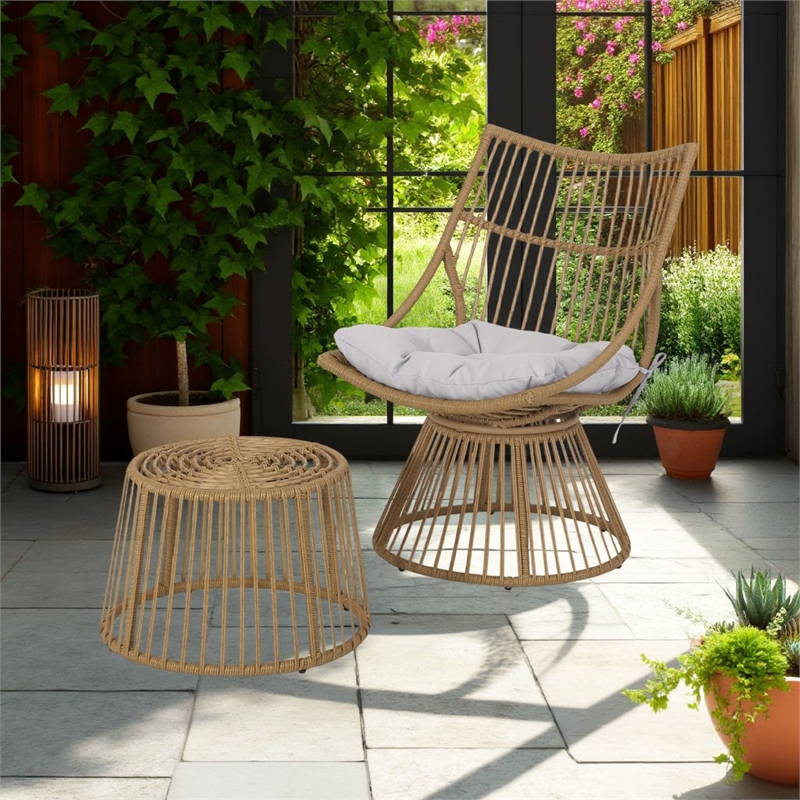 Laine 2 Piece Side Table and Chair Set- Light Brown Outdoor Faux Rattan