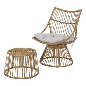 Laine 2 Piece Side Table and Chair Set- Light Brown Outdoor Faux Rattan