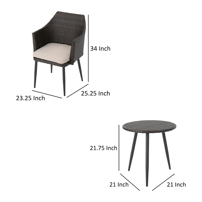Kenny 3pc Outdoor Accent Chair Set- 1 Table- White- Brown Rattan- Iron