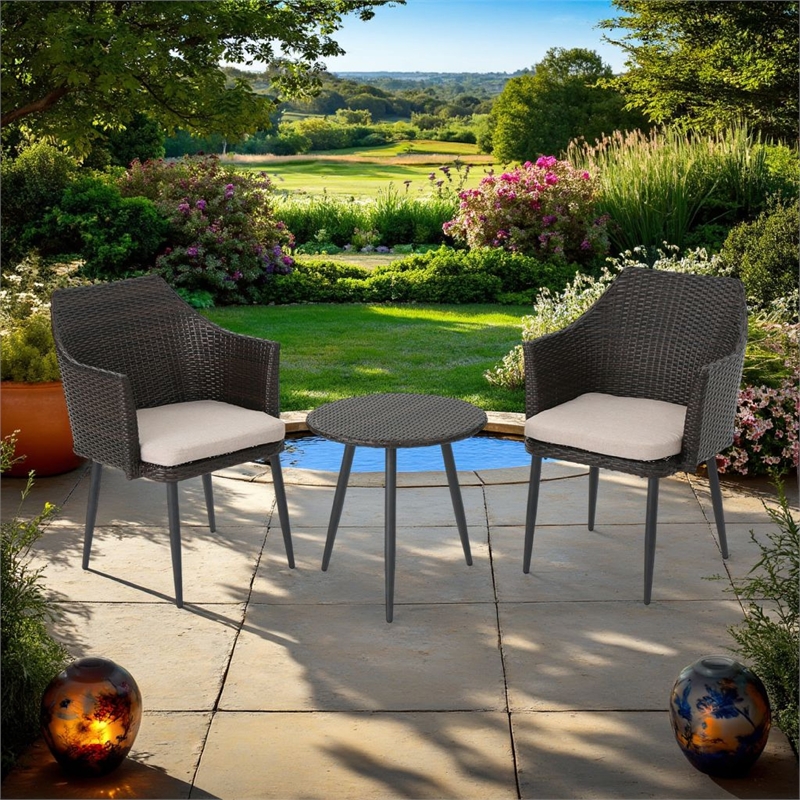 Kenny 3pc Outdoor Accent Chair Set- 1 Table- White- Brown Rattan- Iron