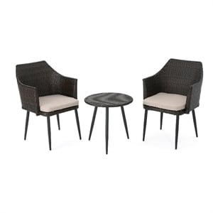 Kenny 3pc Outdoor Accent Chair Set- 1 Table- White- Brown Rattan- Iron