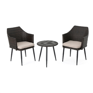 Kenny 3pc Outdoor Accent Chair Set- 1 Table- White- Brown Rattan- Iron