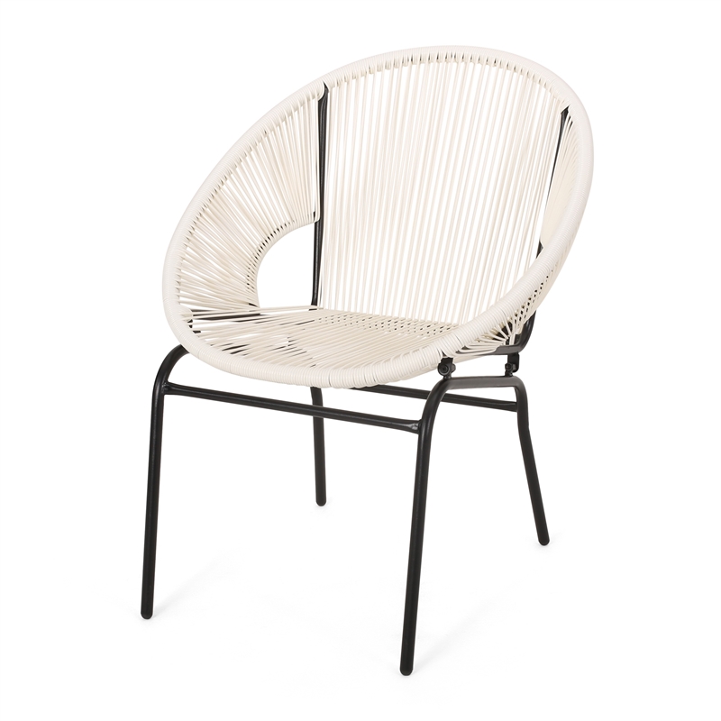 Sanu Outdoor Accent Chair Set of 2- White PE Rattan- Black Iron- Round Back