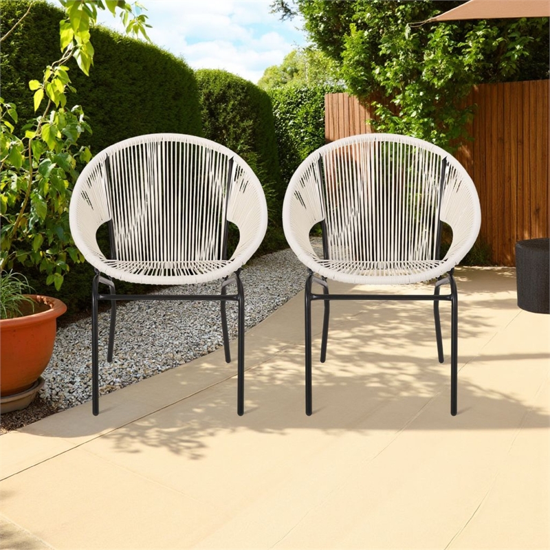 Sanu Outdoor Accent Chair Set of 2- White PE Rattan- Black Iron- Round Back