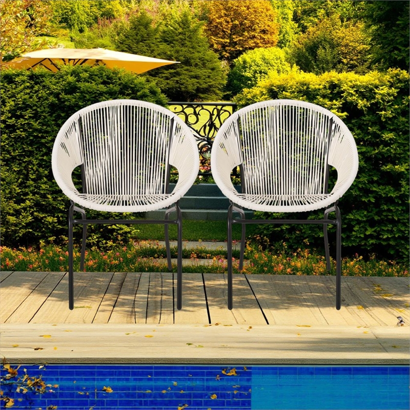 Sanu Outdoor Accent Chair Set of 2- White PE Rattan- Black Iron- Round Back
