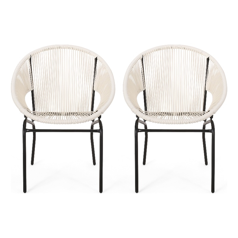 Sanu Outdoor Accent Chair Set of 2- White PE Rattan- Black Iron- Round Back