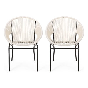 Sanu Outdoor Accent Chair Set of 2- White PE Rattan- Black Iron- Round Back